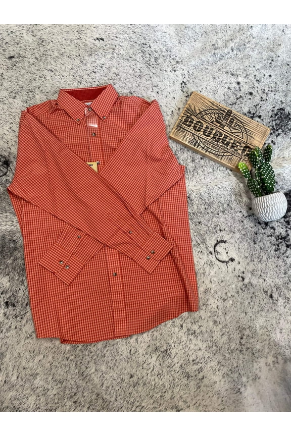 Wrangler Men's George Strait By Plaid Print Long Sleeve Button-Down Stretch Brick Red Medium