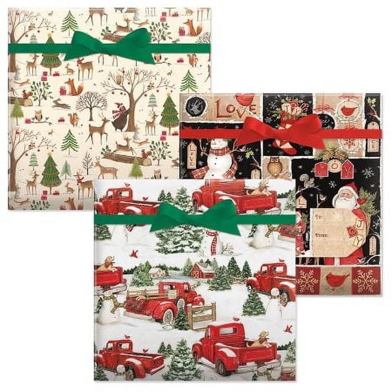 WRAP Value Pack! Woodland Christmas, Red Truck & Snowmen, Christmas Woods Jumbo Rolled Gift Wrap - 3 Giant Single Sided Wraps, 23" x 32' Each, Heavyweight, Tear-Resistant
