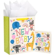 WRAPAHOLIC Giraffe-Printed Gift Bag Set with Card and Tissue Paper, 10" x 13", Baby Shower