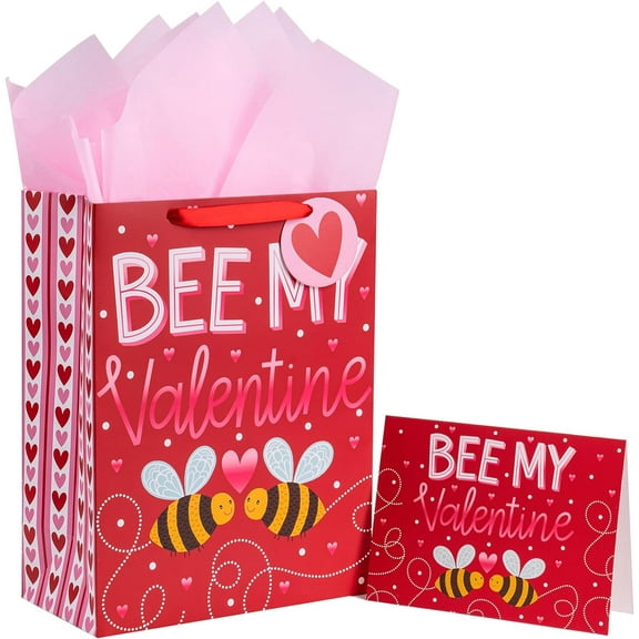 WRAPAHOLIC 13" Large Valentine's Day Gift Bag with Card and Tissue Paper - Sweet Bee with Bee My Vanlentine Lettering Design
