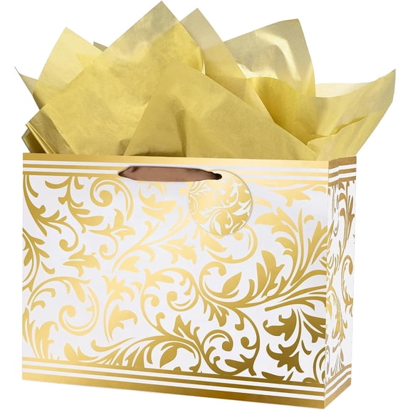 WRAPAHOLIC 16" Christmas Assorted Gift Bag Bundle with Tissue Paper - Gold Foil Christmas Leaves Design for Holiday, Party Gift Wrap (Pack of 6)