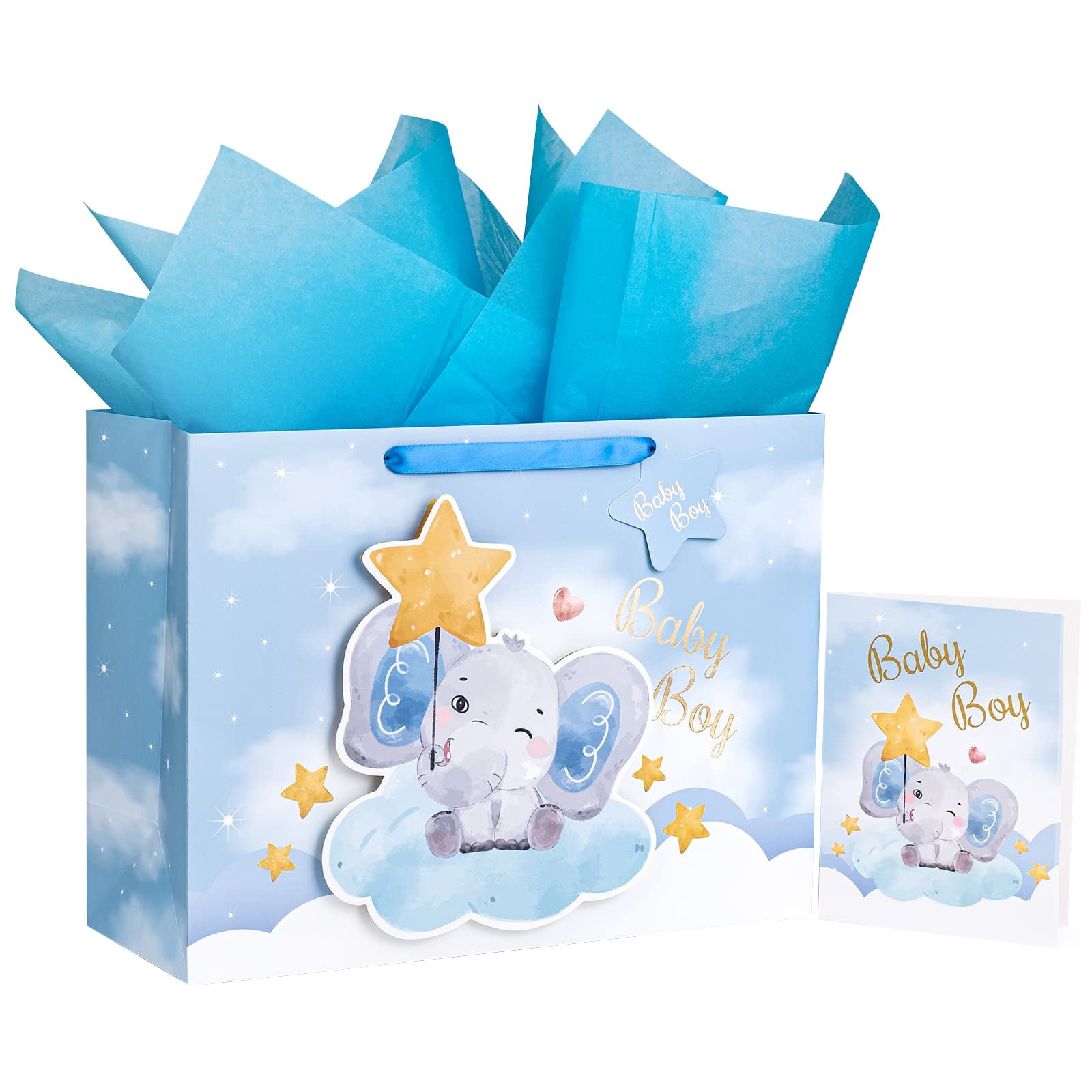 WRAPAHOLIC 16" Extra Large Baby Boy Gift Bag with Card and Tissue Paper