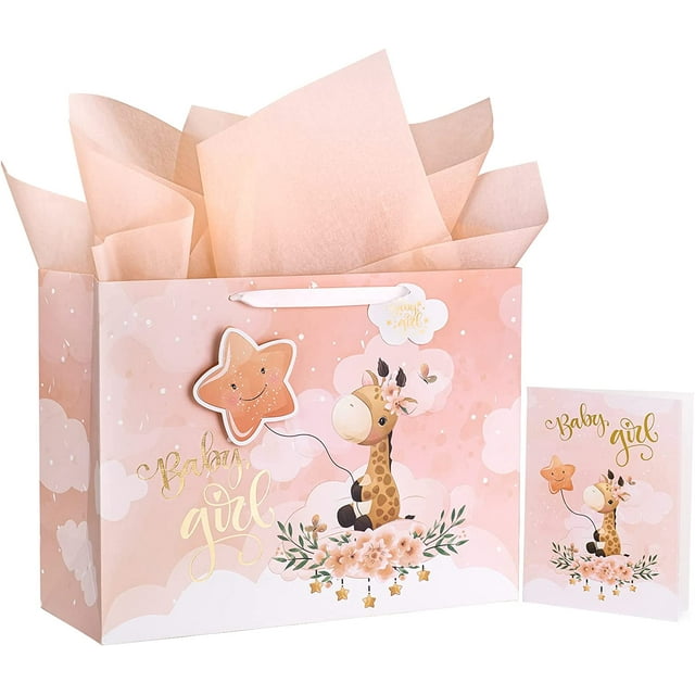 "WRAPAHOLIC 16"" Extra Large Newborn Girl Gift Bag with Card and Tissue