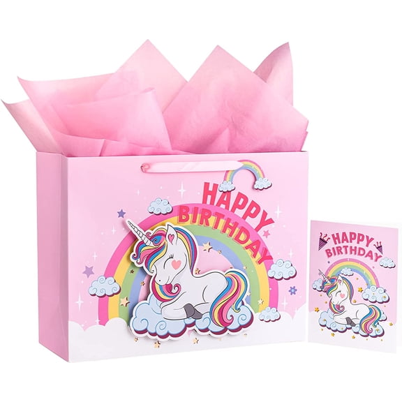 WRAPAHOLIC 16" Extra Large Gift Bag with Card and Tissue Paper - Fantacy Unicorn Happy Birthday
