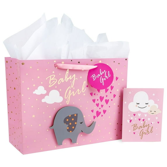 WRAPAHOLIC 16" Extra Large Gift Bag with Gift Card and Tissue Paper - Baby Girl 3D Making Design