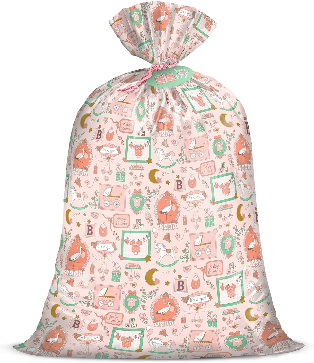 WRAPAHOLIC 56" Large Baby Girl Plastic Gift Bag - Pink Baby Girl Design for Baby Shower, Kids Birthdays, Parties, Celebrating, or Any Occasion - 56"H x 36"W