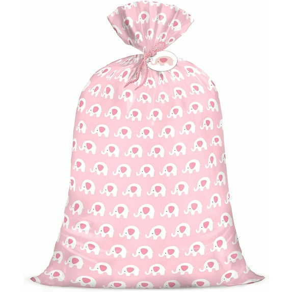 WRAPAHOLIC 56" Large Baby Girl Plastic Gift Bag - Pink Elephant Design for Baby Shower, Kids Birthdays, Parties, Celebrating, or Any Occasion - 56"H x 36"W