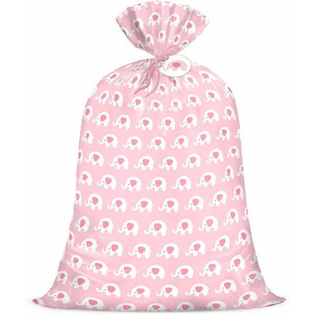 WRAPAHOLIC 56" Large Baby Girl Plastic Gift Bag Pink Elephant Design