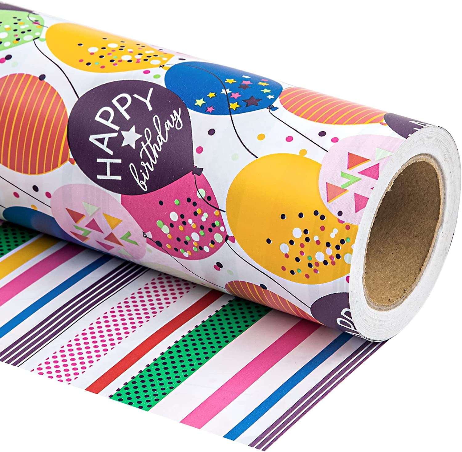 Hallmark All Occasion Reversible Wrapping Paper Bundle - Happy Birthday (3  Rolls - 75 sq. ft. ttl) Cupcakes, Stripes, Flowers, Polka Dots 