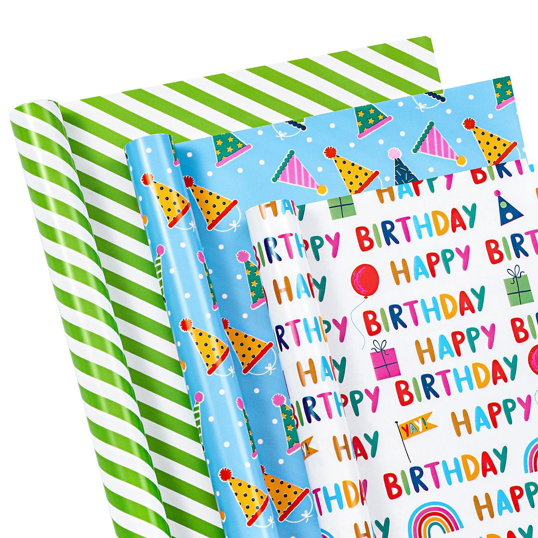 WRAPAHOLIC Birthday Wrapping Paper Roll - 3 Rolls - 17 Inch x 120 inch per  Roll - Happy Birthday Lettering & Stripe for Kid's Birthday, Baby Shower 