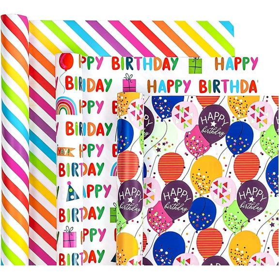 WRAPAHOLIC Birthday Wrapping Paper Roll - Mini Roll - 3 Rolls - 17 Inch X 120 Inch Per Roll - Colorful Balloons, Stripes, "Happy Birthday" for Party, Celebration, Baby Shower