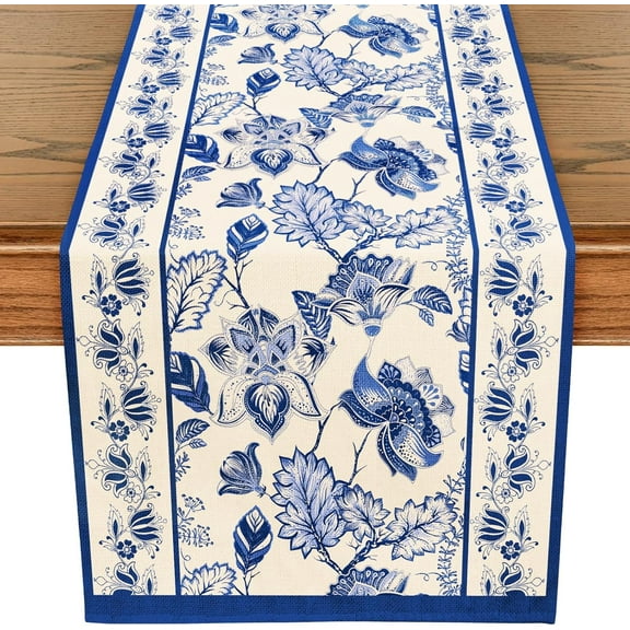 WRAPAHOLIC Blue Floral Table Runner - 13 x 72 Inch - Seasonal Spring Summer Farmhouse Indoor Kitchen Anniversary Wedding Dining Table Decorations for Home Party