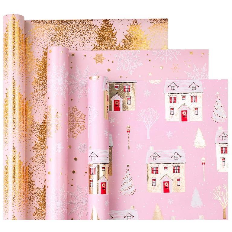 WRAPAHOLIC Christmas Wrapping Paper Roll Mini Roll 3 Rolls 17 Inch X 120 Inch Per Roll Pink and Gold House Christmas tree Snowflake Holiday
