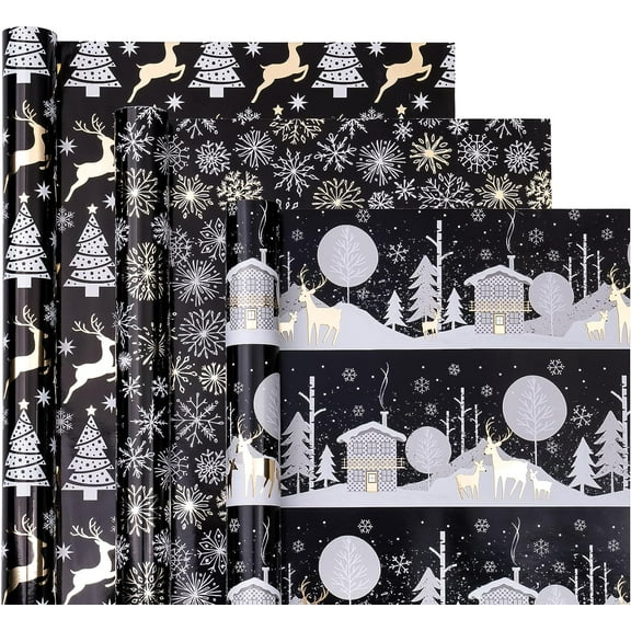 WRAPAHOLIC Christmas Wrapping Paper Roll - Mini Roll - 3 Rolls - 17 Inch X 120 Inch Per Roll - Black and Gold Reindeer Family, Snowflake Holiday Collection with Metallic Foil Shine