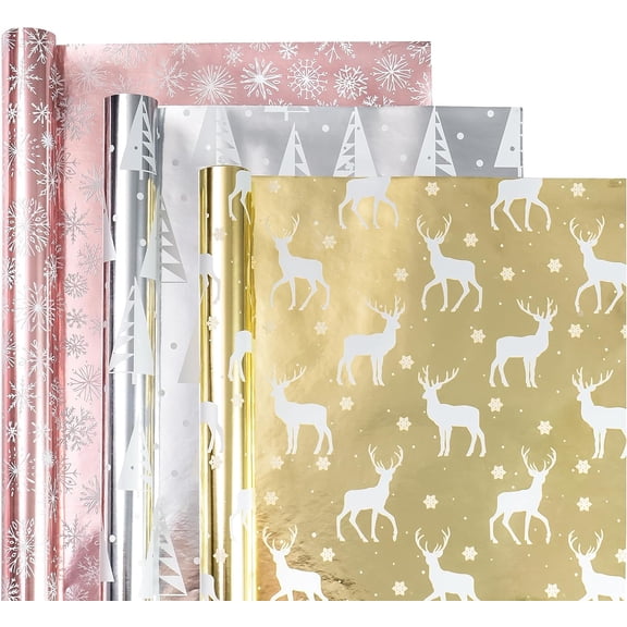 WRAPAHOLIC Christmas Wrapping Paper Roll - Mini Roll - 3 Rolls - 17 Inch X 120 Inch Per Roll - Christmas Tree, Reindeer, Snowflake Holiday Collection with Metallic Foil Shine