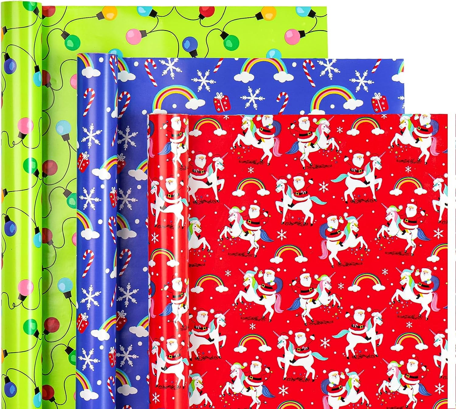 WRAPAHOLIC Christmas Wrapping Paper Roll - Mini Roll - 3 Rolls - 17 Inch X 120 Inch Per Roll - Holiday Colorful Unicorn Santa and Rainbow Design