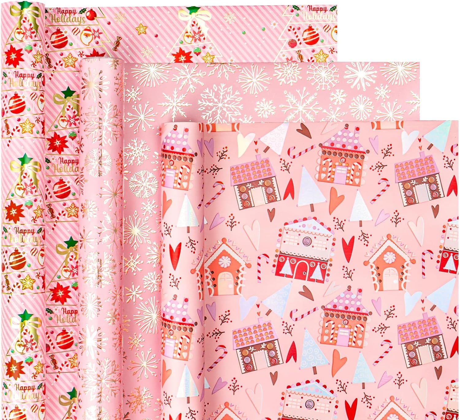 WRAPAHOLIC Foil Christmas Wrapping Paper - 3 Mini Rolls - 17x120 Inch ...