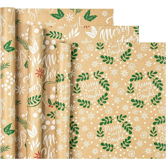 WRAPAHOLIC Kraft Christmas Wrapping Paper Roll - Mini Roll - 3 Rolls - 17 Inch X 120 Inch Per Roll - Christmas Wreath Leaves and Merry Christmas Lettering Holiday Collection
