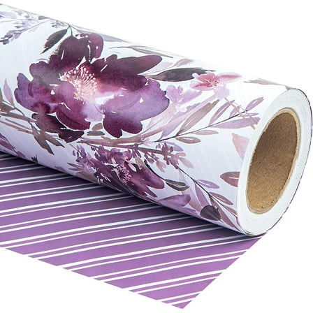 WRAPAHOLIC Reversible Wrapping Paper - Mini Roll - 17 Inch X 33 Feet - Beautiful Purple Floral Design for Wedding, Party, Birthday, Holiday, Baby Shower