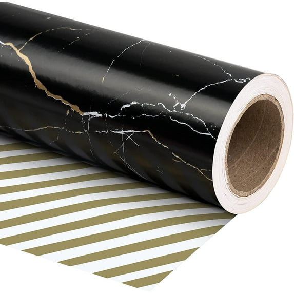 WRAPAHOLIC Reversible Wrapping Paper - Mini Roll - 17 Inch X 33 Feet - Black and Gold Marble Design, Perfect for Birthday, Holiday, Father's Day, Baby Shower