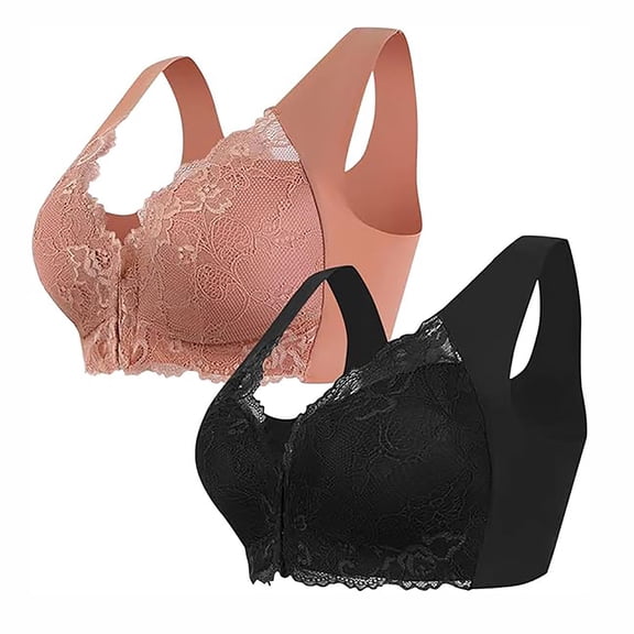WREESH 2 Pack Front Closure Lace Bras for Women Posture Back Smoothing Bras No Underwire Wirefree Bra Seamless Push Up Bra Pink