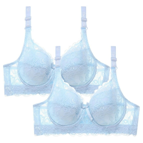 WREESH 2 Pack Lace Bralettes for Women Soft Padded Push Up Bra Wireless Plunge Bra Adjustable Strap Comfortable Everyday Bras Light Blue