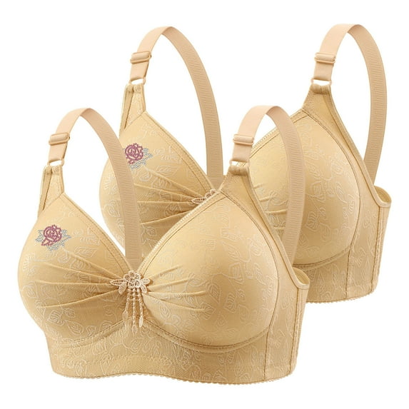 WREESH 2 Pack Push-Up Bra Women Lace Flower Gathered Together Large Size Daily Bra Underwear No Underwire Bras Underwear Beige