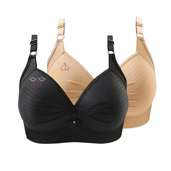 WREESH 2 Pack Push-Up Bra Women Printing Gathered Together Large Size Daily Bra Underwear No Underwire Bras Underwear Beige