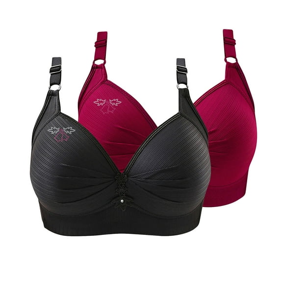 WREESH 2 Pack Push-Up Bra Women Printing Gathered Together Large Size Daily Bra Underwear No Underwire Bras Underwear Wine