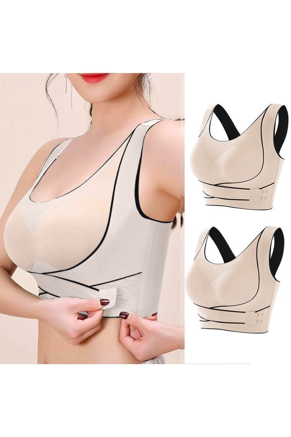 2 Pack Racerback High Impact Sports Bras for Women No Underwire Yoga Workout Longline Wireless Posture Bra Side Buckle Crop Tank Tops Beige