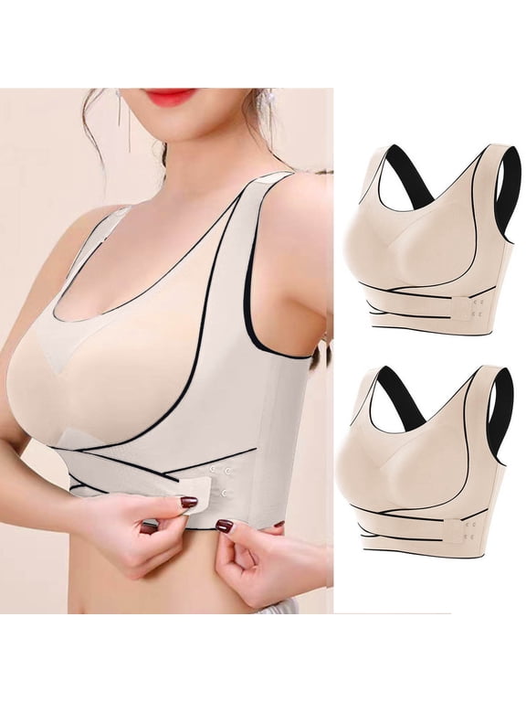2 Pack Racerback High Impact Sports Bras for Women No Underwire Yoga Workout Longline Wireless Posture Bra Side Buckle Crop Tank Tops Beige