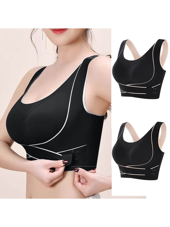 2 Pack Racerback High Impact Sports Bras for Women No Underwire Yoga Workout Longline Wireless Posture Bra Side Buckle Crop Tank Tops Black
