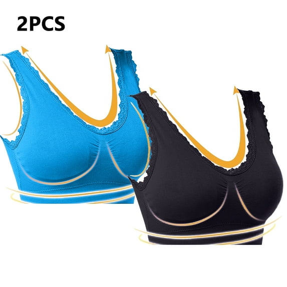 WREESH 2 Pack Support Bra Adaptive Bra Women Lace Splicing Glossy Comfortable Breathable Bra Underwear No Underwire Bras Underwear Blue