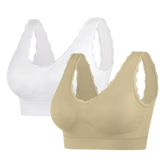 WREESH 2 Pack Support Bra Adaptive Bra Women Yoga Solid Sleeveless Cold Shoulder Casual Tanks Blouse Tops Intimates Seamless Padded Bra Underwear Beige