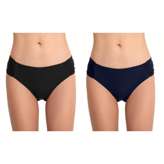 WREESH 2-Pack Women's Mid-Rise Solid Swim Bottoms, Basic Ruched Bikini Briefs, Quick-Dry Bathing Suit for Athletic & Tropical Vacations