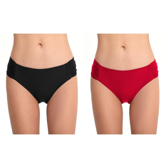 WREESH 2-Pack Women's Mid-Rise Solid Swim Bottoms, Basic Ruched Bikini Briefs, Quick-Dry Bathing Suit for Athletic & Tropical Vacations