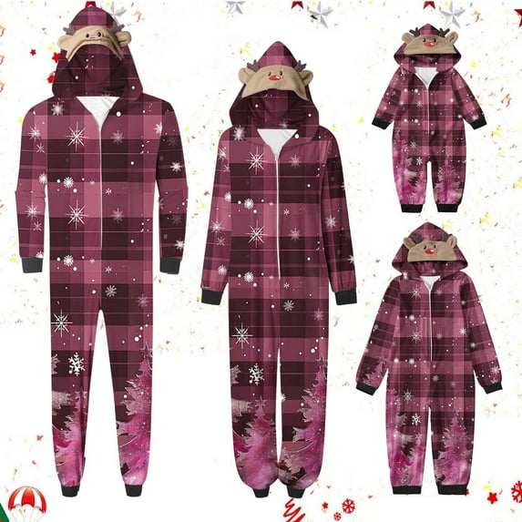 WREESH 2025 Baby Plaid Hooded Onesie Christmas Family Matching Pajamas Cozy Fleece Loungewear Long Sleeve Holiday Sleepwear Set 6 Months