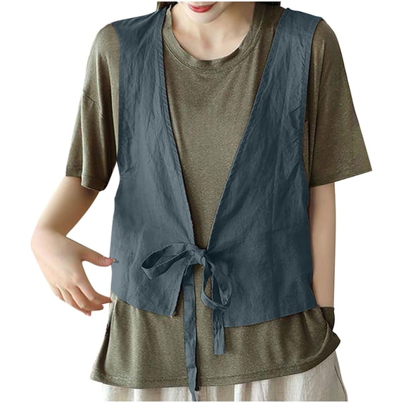 WREESH Women's Cotton Linen Vest Sleeveless Tank Top Casual Loose Fit Lightweight Summer 2025 Tie Front Waistcoat