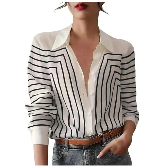 WREESH Women's Striped Button Down Shirt V Neck Long Sleeve Loose Casual Business Work Blouse