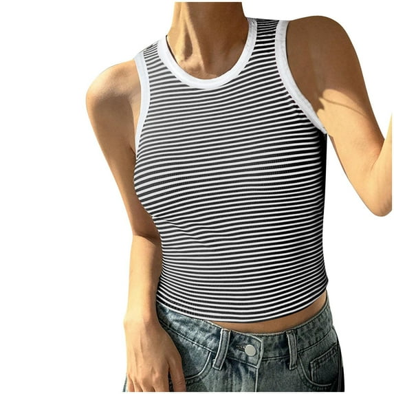 WREESH Women Striped High Neck Ribbed Sleeveless Tank Top Thick Strap Slim Fit Racerback Shirt