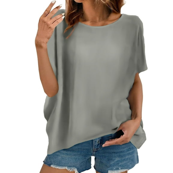 WREESH 2025 Fashion Tops Women Summer Solid Top Round-Neck Short Sleeve Side Slit Casual T-Shirt Blouse