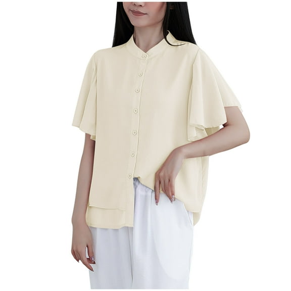 WREESH Women's Chiffon Button Down Shirt Summer Elegant Mandarin Collar Ruffle Sleeve Loose Blouse