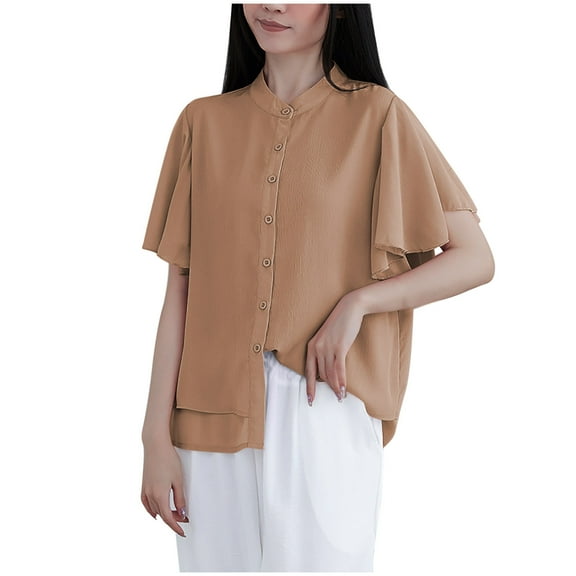 WREESH Women's Chiffon Button Down Shirt Summer Elegant Mandarin Collar Ruffle Sleeve Loose Blouse