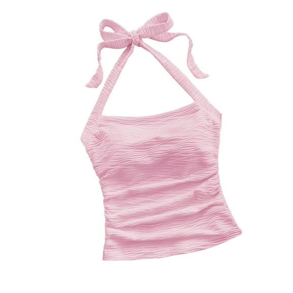WREESH Womens Ruched Halter Crop Top Tie Back Sleeveless Slim Fit Textured Square Neck Camisole Teen Girls Casual Summer