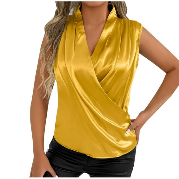 WREESH Women Elegant Satin Wrap V Neck Sleeveless Blouse Ruched Front Cowl Neck Tank Top