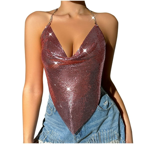 WREESH Womens Metallic Chain Sequin Backless Deep V Neck Crop Tank Top Sparkly Party Club Night Outfit Summer Fashion Casual