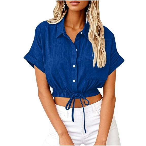 WREESH Womens Cropped Button Down Shirt Linen Drawstring Waist Short Sleeve Casual Summer Top