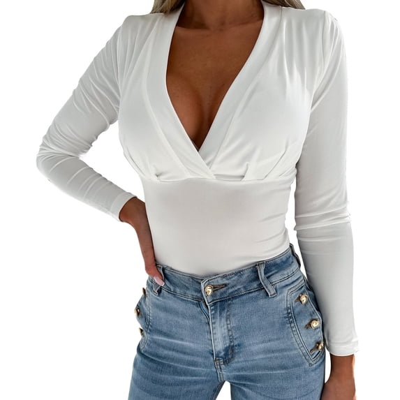 WREESH 2025 Fashion Tops Women's Long-Sleeved V-Neck Solid Color Waisted V Trendy Top