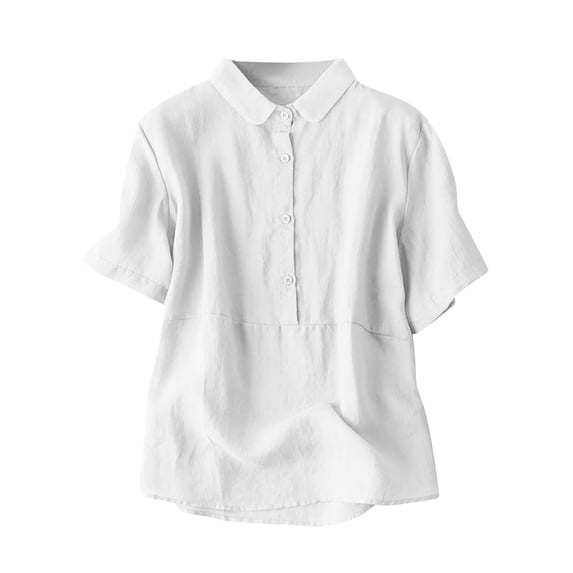 WREESH Women's Cotton Linen Button Up Shirt Collared Lightweight Summer Casual Short Sleeve Top