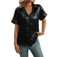 thumbnail image 1 of WREESH Women's Shiny Button Down Shirt Short Sleeve Lapel Collar Business Casual Beach Top, 1 of 7